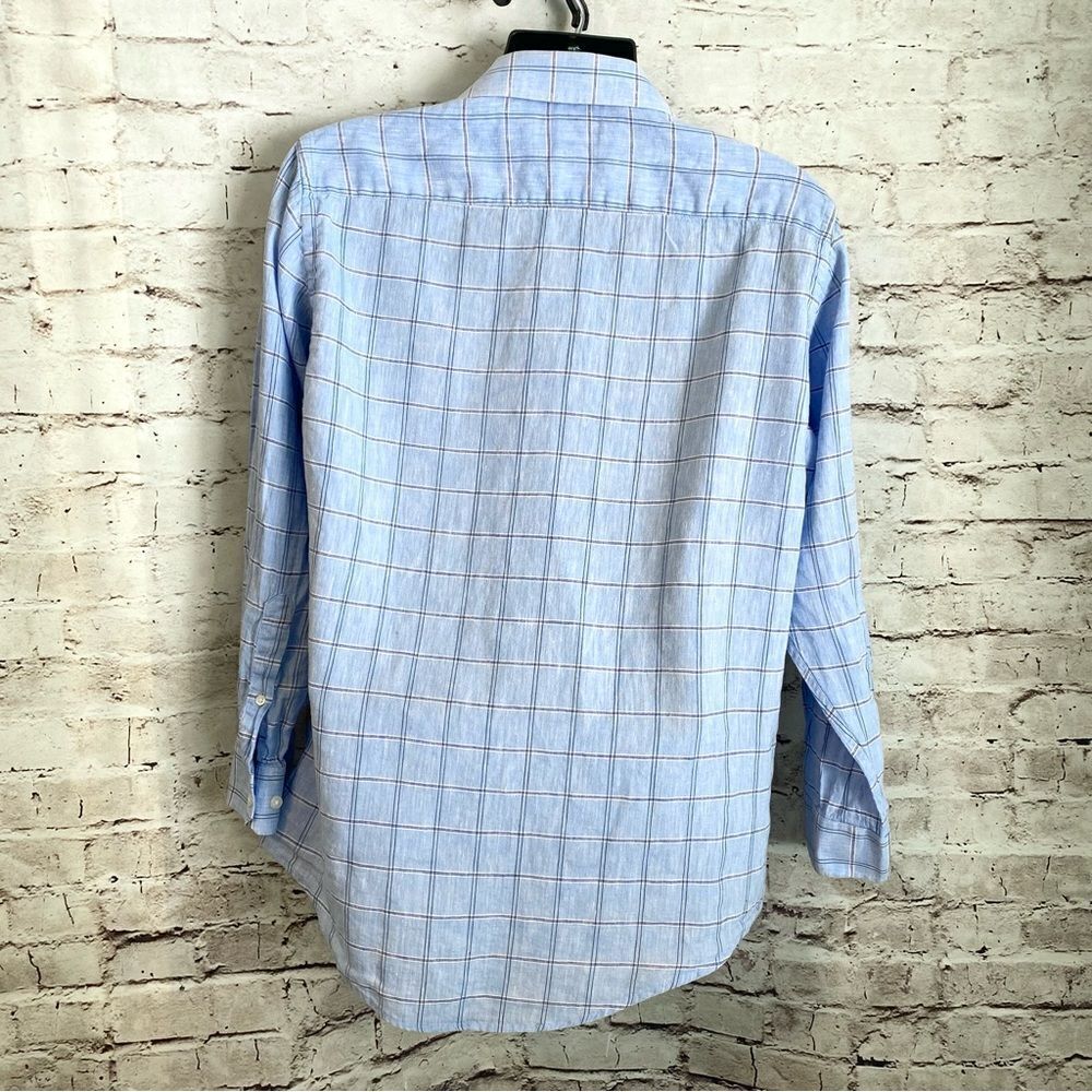 Buttoned Down Linen Cotton Plaid Casual Shirt Men Blue Medium Long Sleeve - Picture 6 of 6